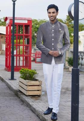 Grey Solid Polyester Bandhgala For Men