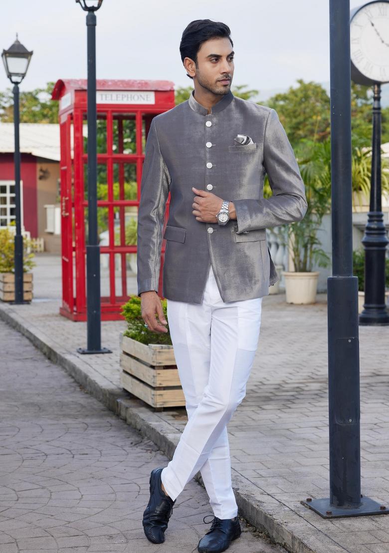 Grey Solid Polyester Bandhgala For Men