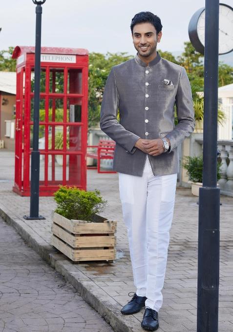 Grey Solid Polyester Bandhgala For Men — view on Indya