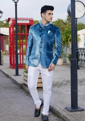 Teal Blue Solid Polyester Bandhgala For Men