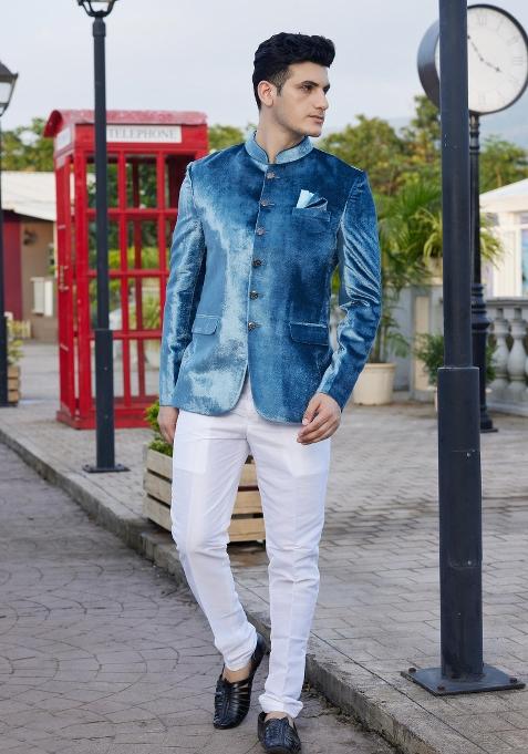 Teal Blue Solid Polyester Bandhgala For Men — view on Indya