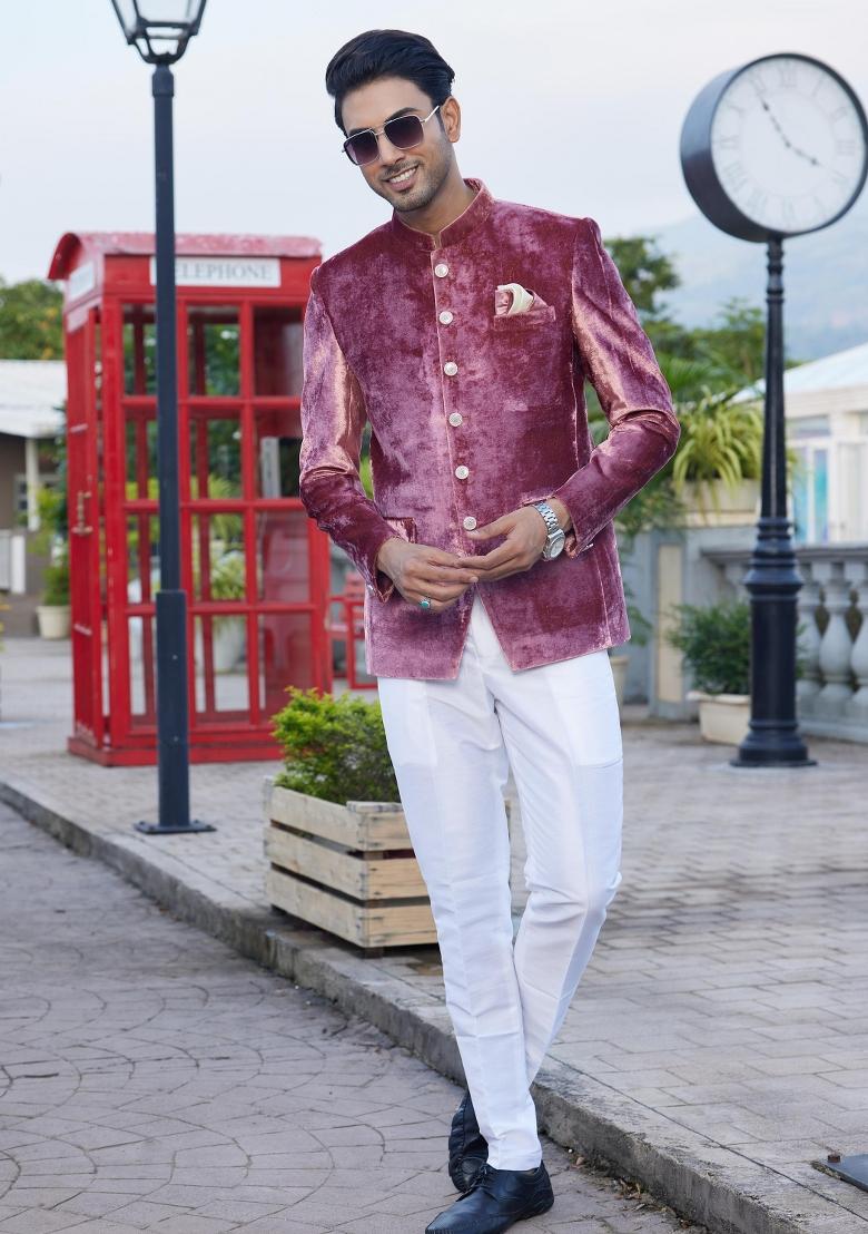 Dark Onion Pink Solid Polyester Bandhgala For Men