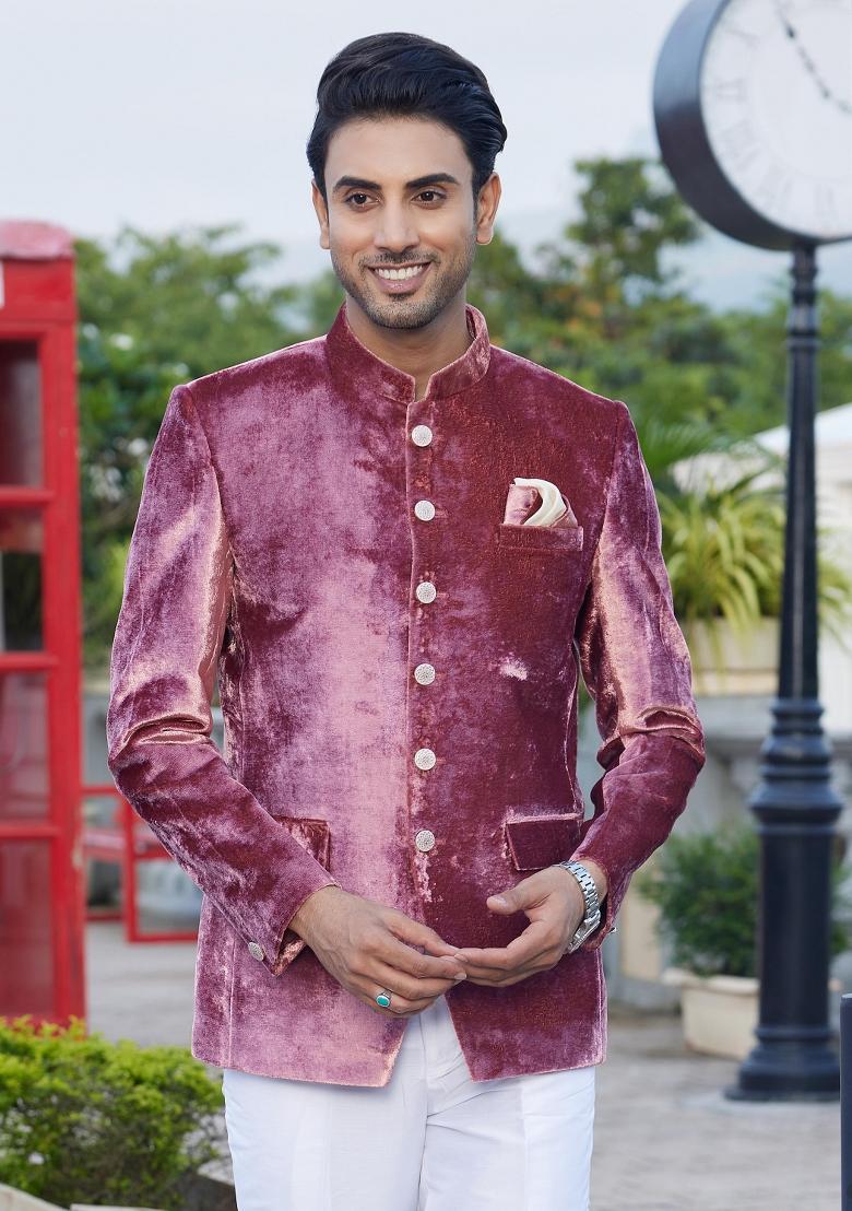 Dark Onion Pink Solid Polyester Bandhgala For Men