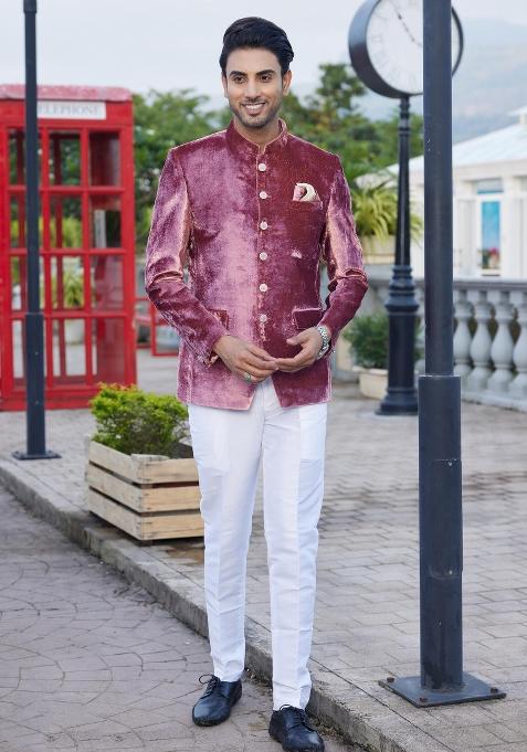 Dark Onion Pink Solid Polyester Bandhgala For Men — view on Indya