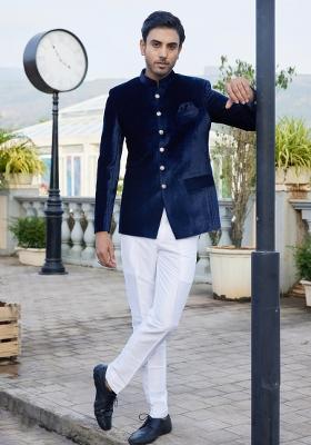 Blue Solid Polyester Bandhgala For Men