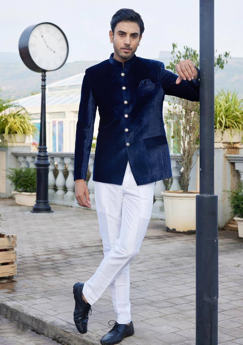 Blue Solid Polyester Bandhgala For Men