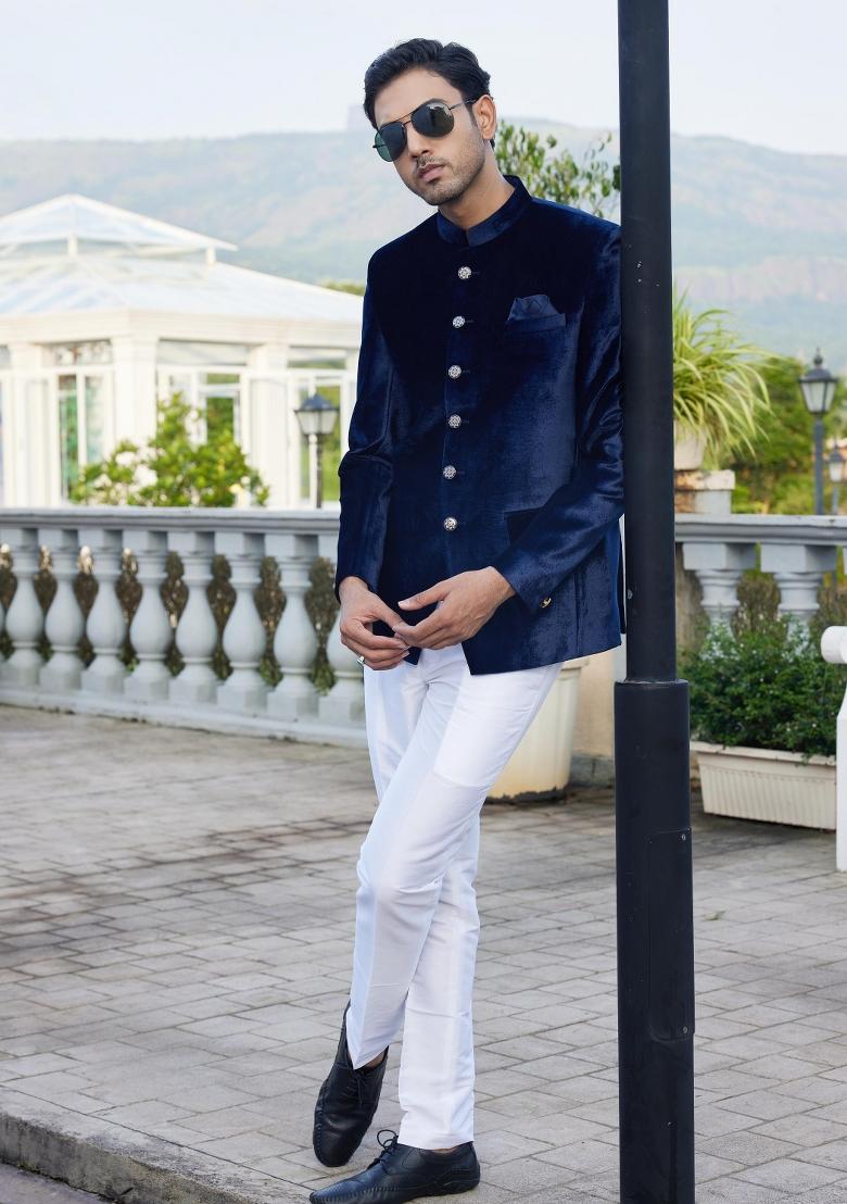 Blue Solid Polyester Bandhgala For Men
