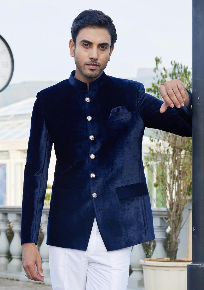Blue Solid Polyester Bandhgala For Men