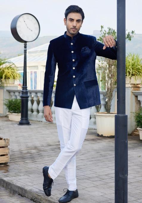 Blue Solid Polyester Bandhgala For Men