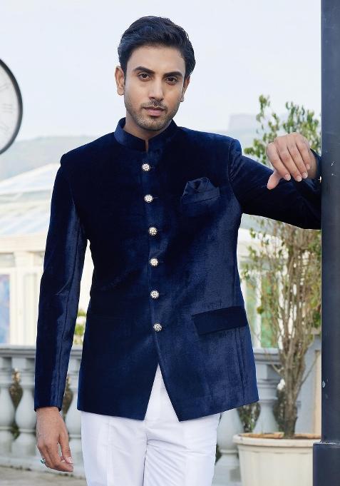 Blue Solid Polyester Bandhgala For Men