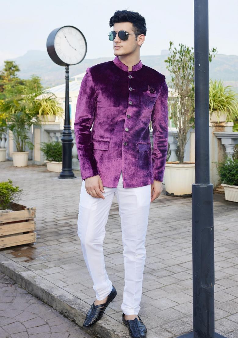 Magenta Solid Polyester Bandhgala For Men
