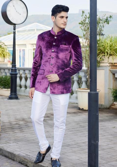 Magenta Solid Polyester Bandhgala For Men