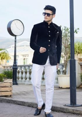 Black Solid Polyester Bandhgala For Men