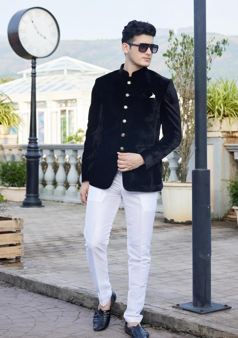 Black Solid Polyester Bandhgala For Men