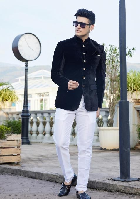 Black Solid Polyester Bandhgala For Men