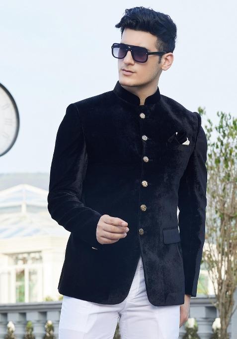 Black Solid Polyester Bandhgala For Men