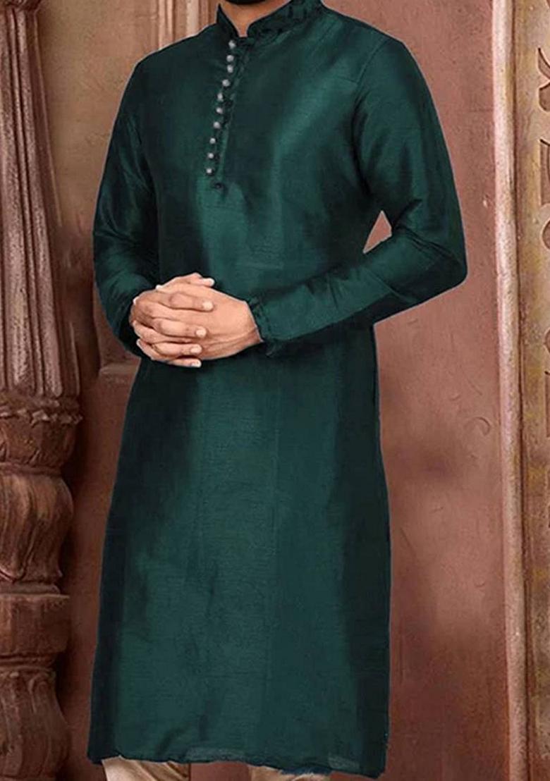 Green Embroidered Art Silk Kurta Set For Men