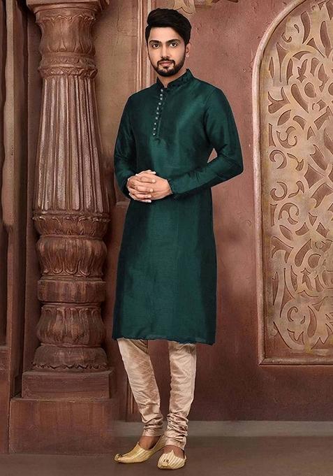 Green Embroidered Art Silk Kurta Set For Men