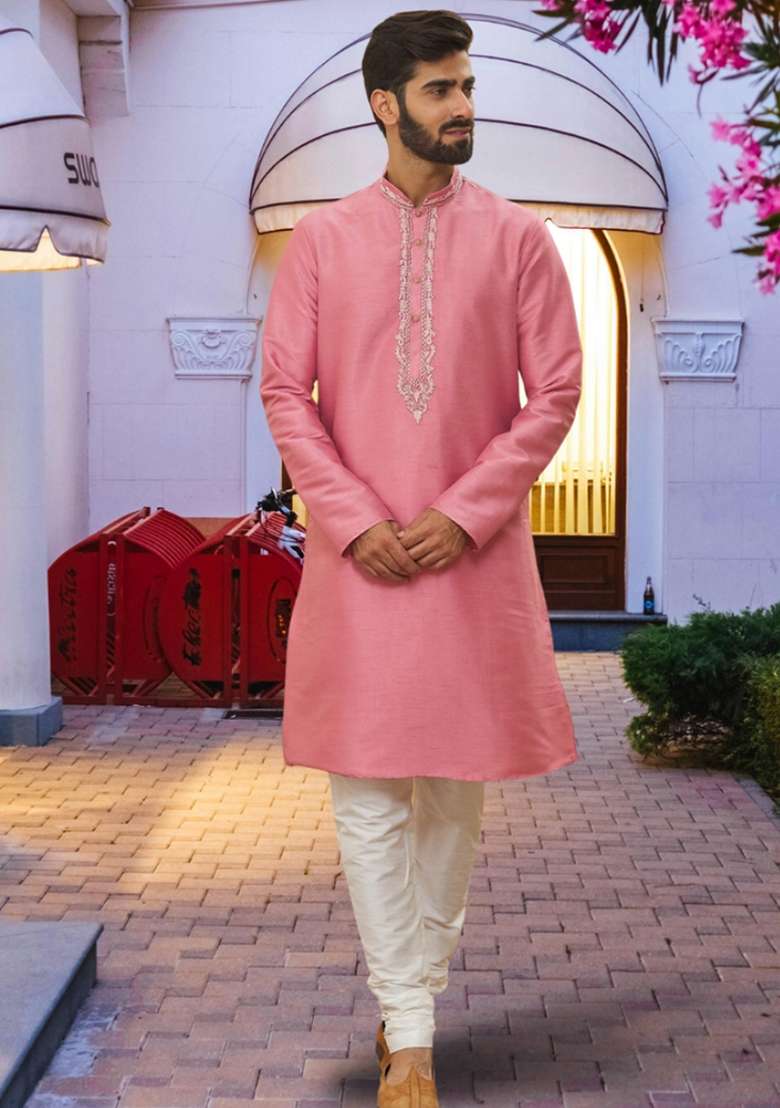 Pink Embroidered Art Silk Blend Kurta Set For Men - Indya