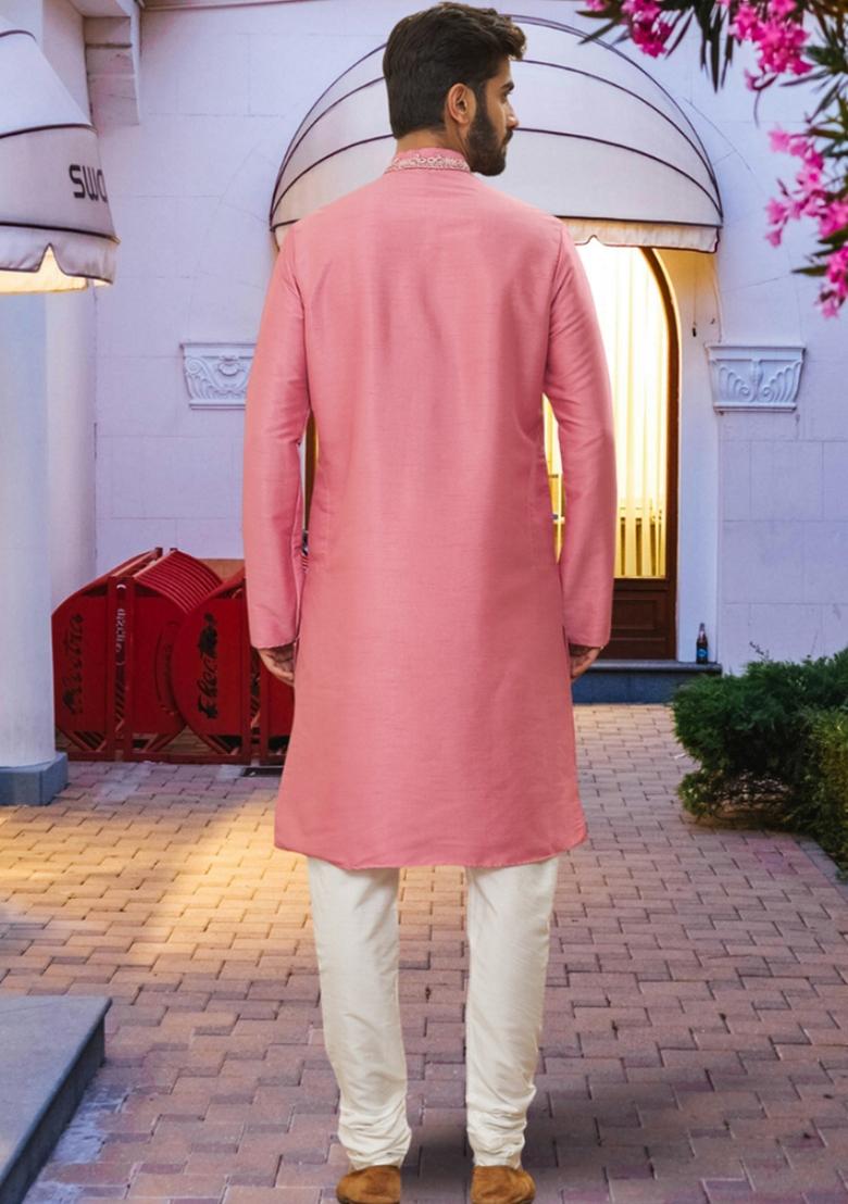 Pink Embroidered Art Silk Kurta Set For Men
