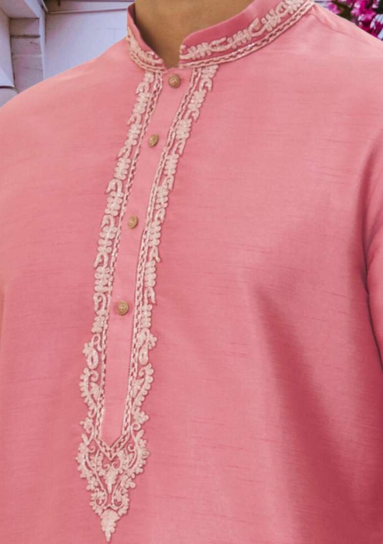 Pink Embroidered Art Silk Blend Kurta Set For Men - Indya