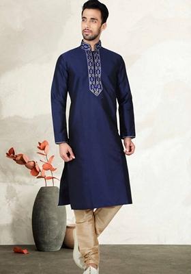 Navy Blue Embroidered Art Silk Kurta Set For Men
