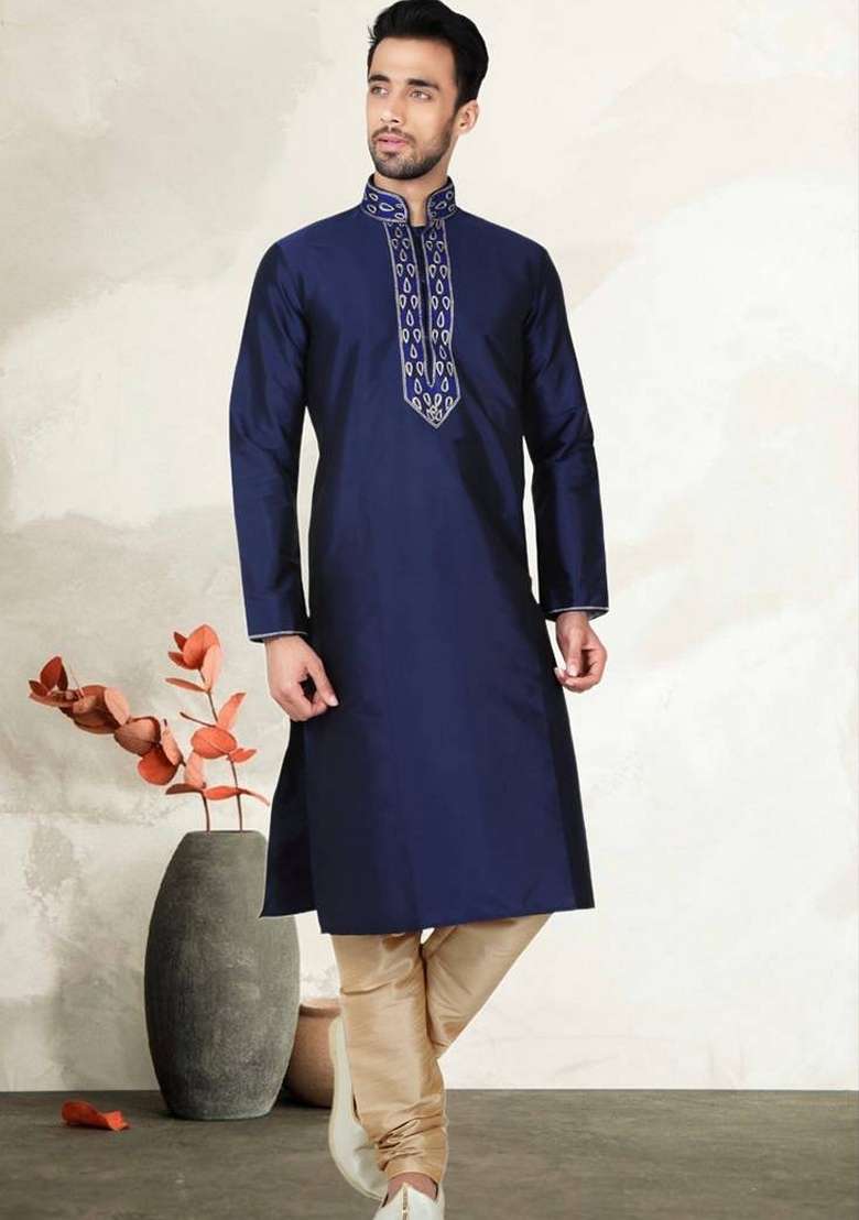 Navy Blue Embroidered Art Silk Blend Kurta Set For Men - Indya