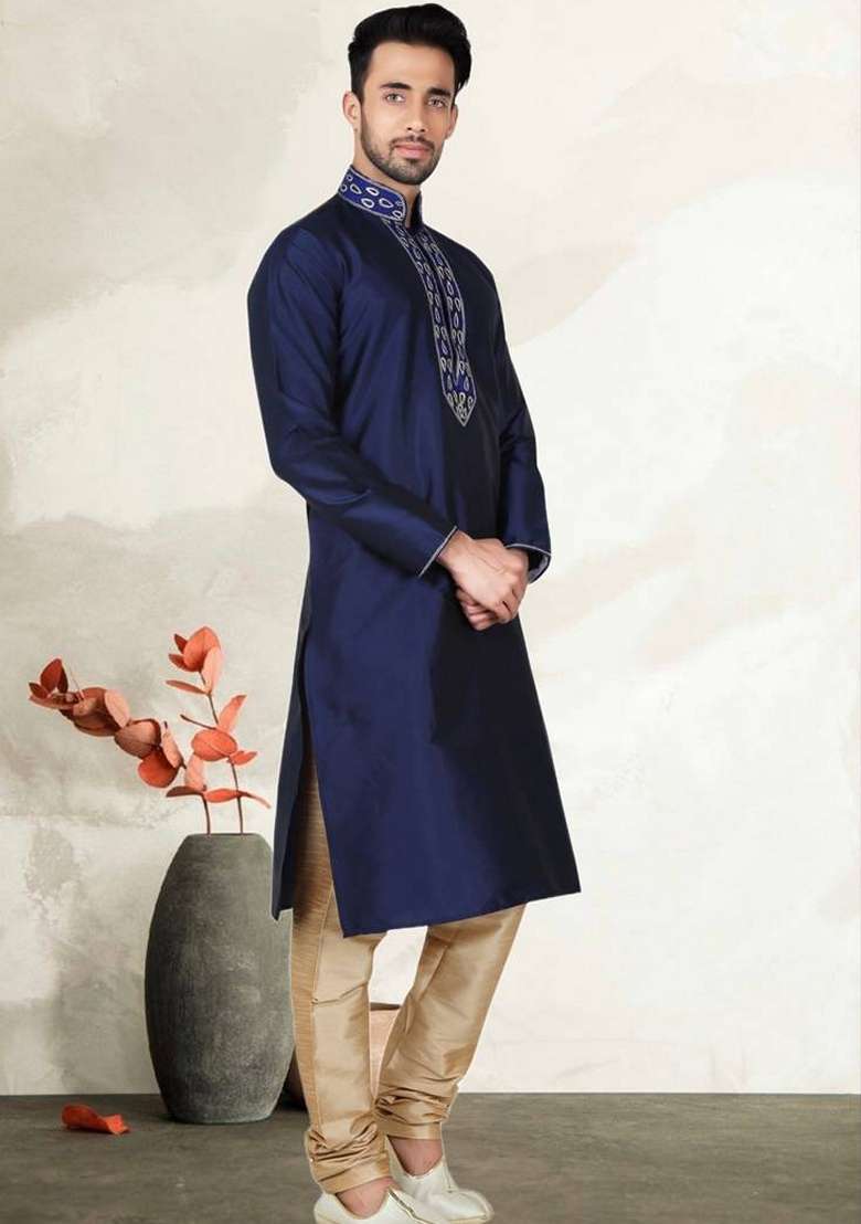 Navy Blue Embroidered Art Silk Blend Kurta Set For Men - Indya