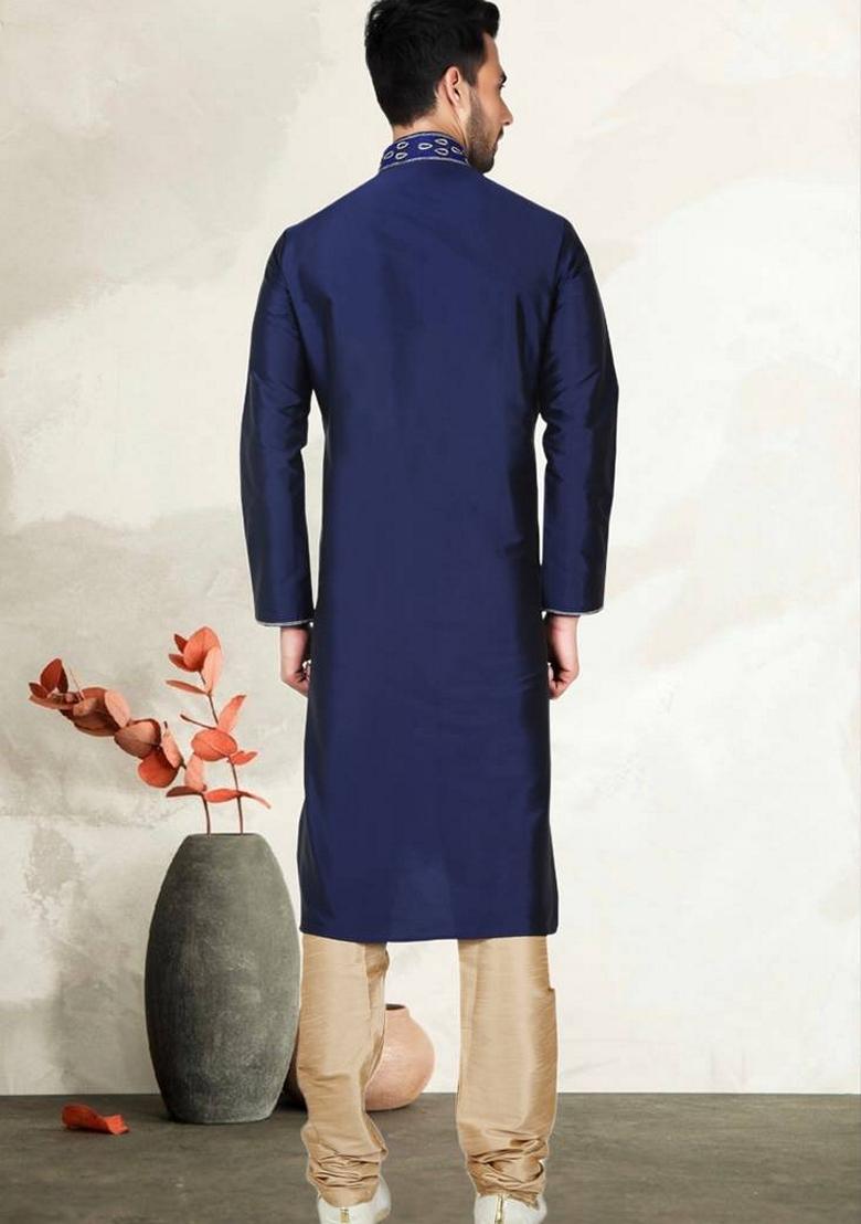 Navy Blue Embroidered Art Silk Kurta Set For Men