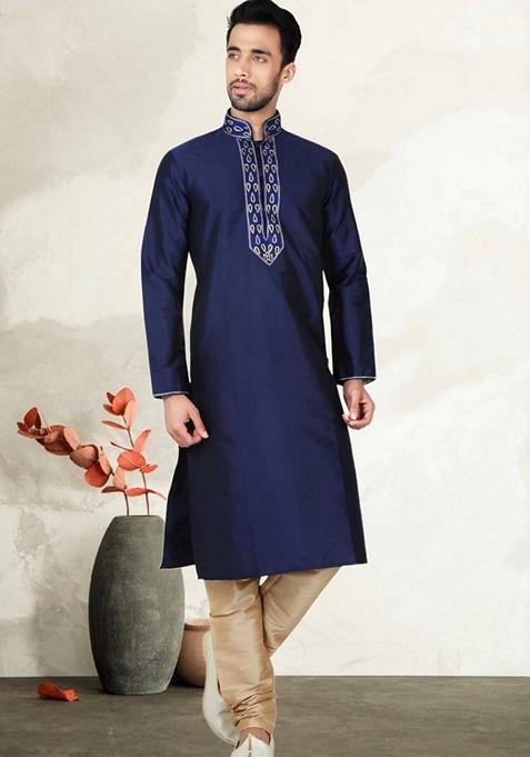 Navy Blue Embroidered Art Silk Kurta Set For Men