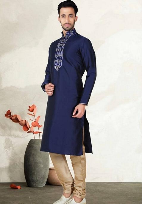Aqua Blue Silk Kurta Set For Men With Hand Embroidery And Floral Print main image 0