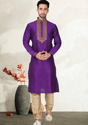 Purple Embroidered Art Silk Kurta Set For Men