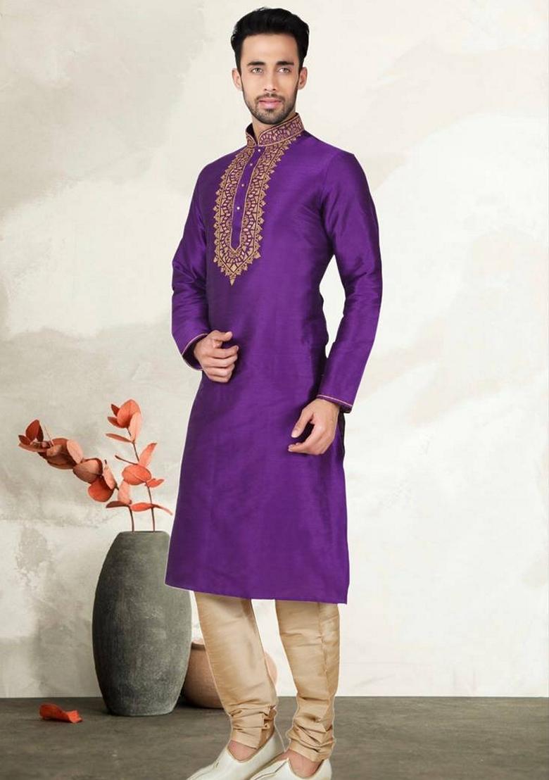 Purple Embroidered Art Silk Kurta Set For Men