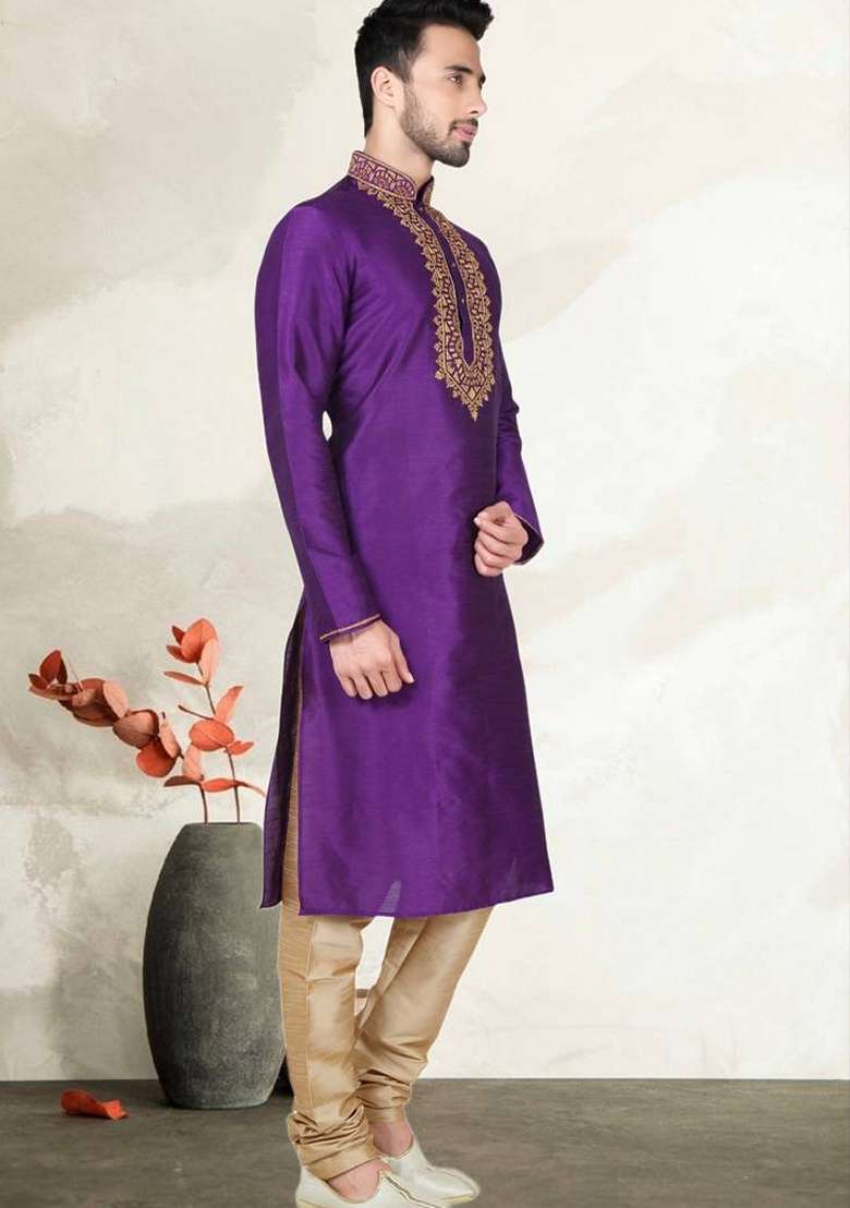Purple Embroidered Art Silk Blend Kurta Set For Men - Indya