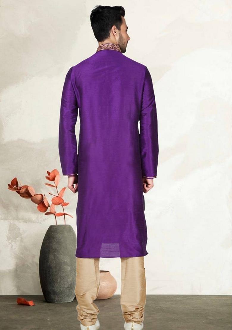 Purple Embroidered Art Silk Kurta Set For Men