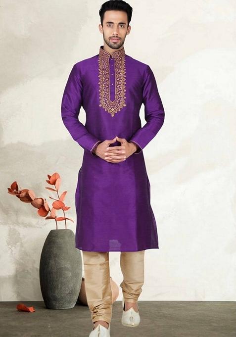 Purple Embroidered Art Silk Kurta Set For Men