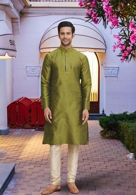 Mehendi Green Embroidered Art Silk Kurta Set For Men