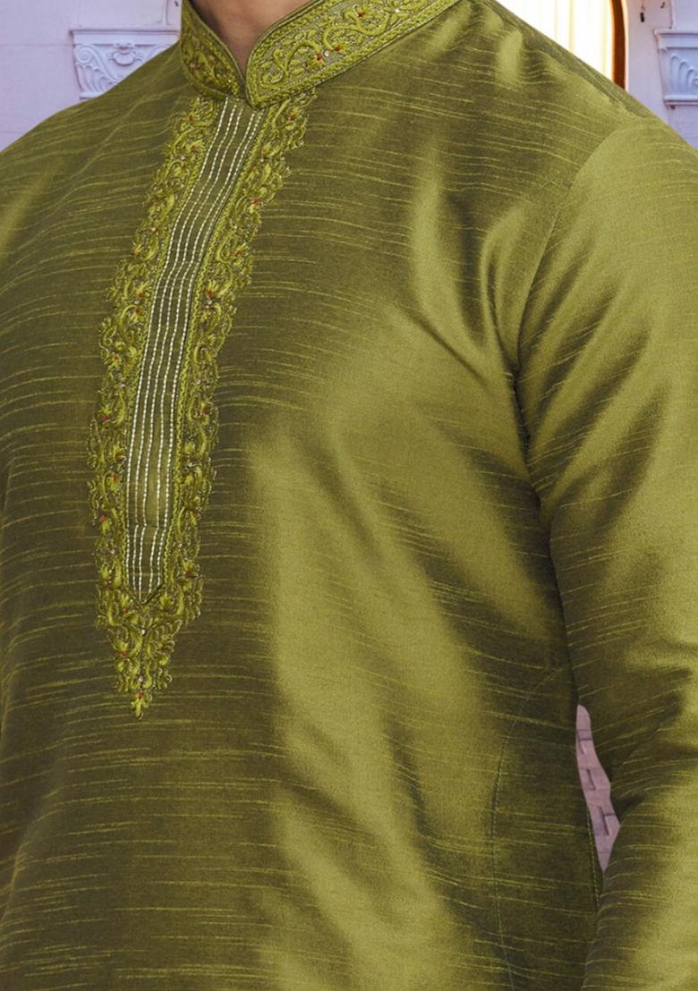 Mehendi Green Embroidered Art Silk Kurta Set For Men