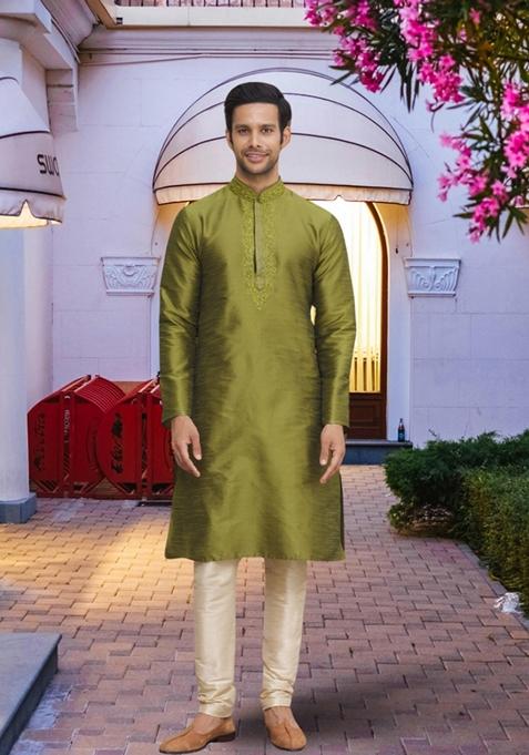 Mehendi Green Embroidered Art Silk Kurta Set For Men