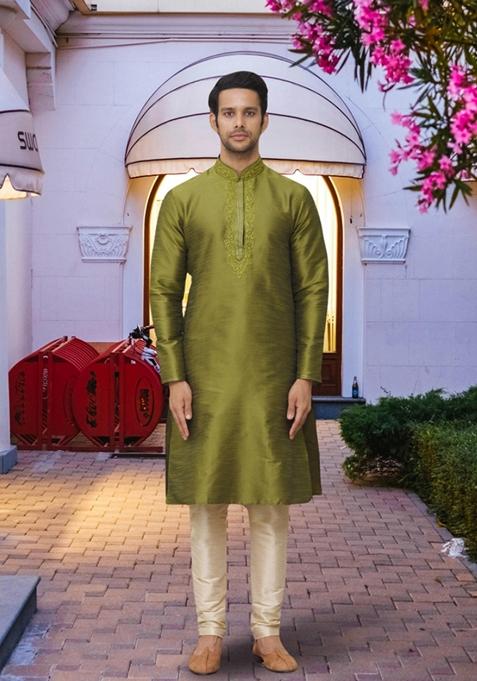 Mehendi Green Embroidered Art Silk Kurta Set For Men