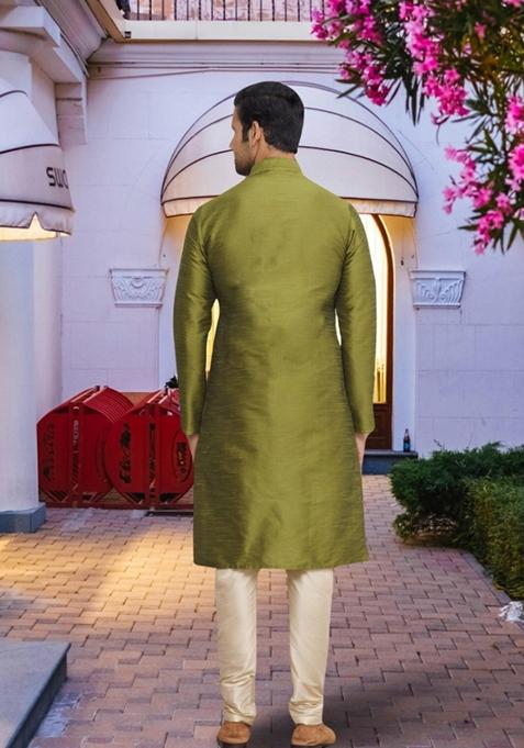 Mehendi Green Embroidered Art Silk Kurta Set For Men