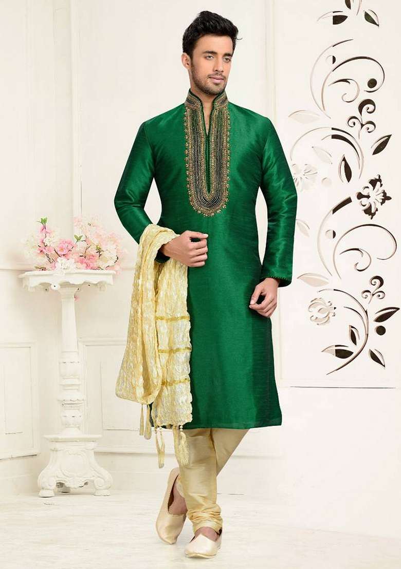 Green Embroidered Art Silk Blend Kurta Set For Men - Indya