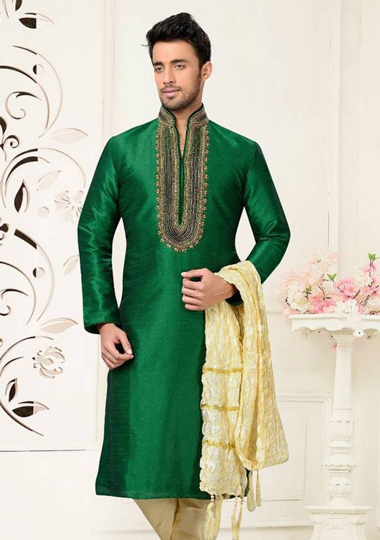 Green Embroidered Art Silk Kurta Set For Men