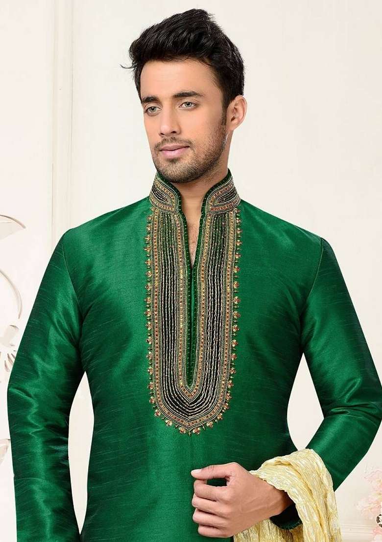 Green Embroidered Art Silk Blend Kurta Set For Men - Indya