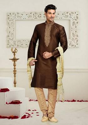 Brown Embroidered Art Silk Kurta Set For Men