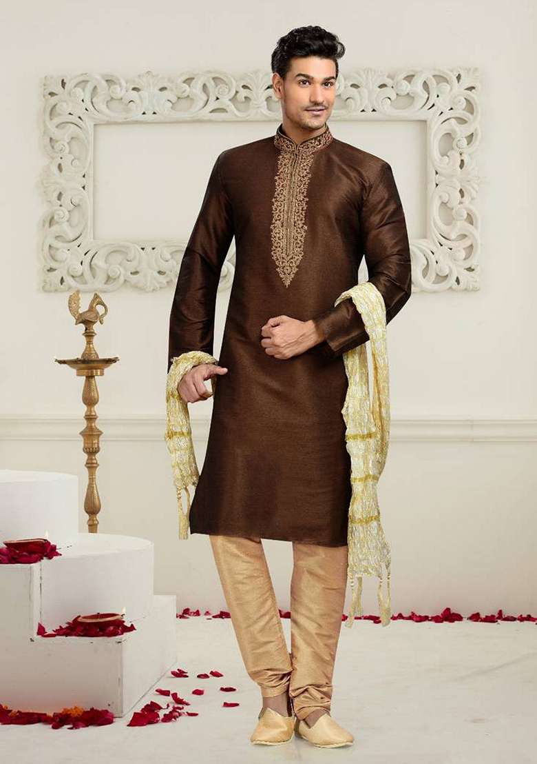 Brown Embroidered Art Silk Blend Kurta Set For Men - Indya