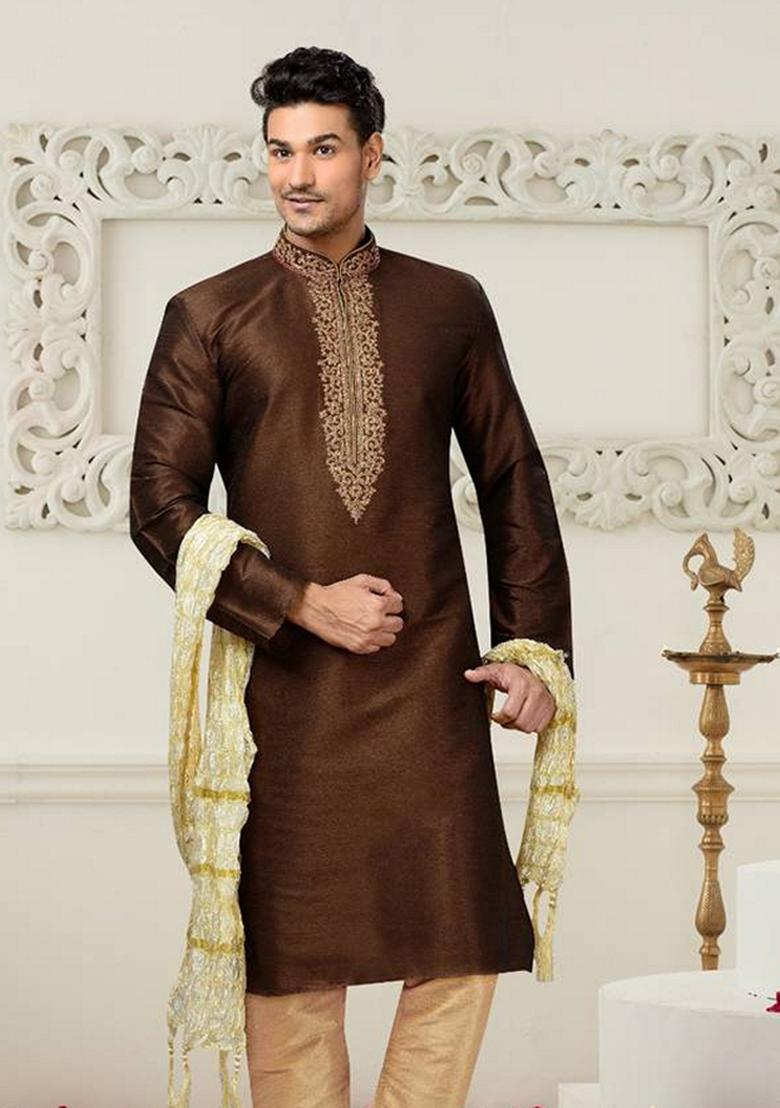 Brown Embroidered Art Silk Kurta Set For Men
