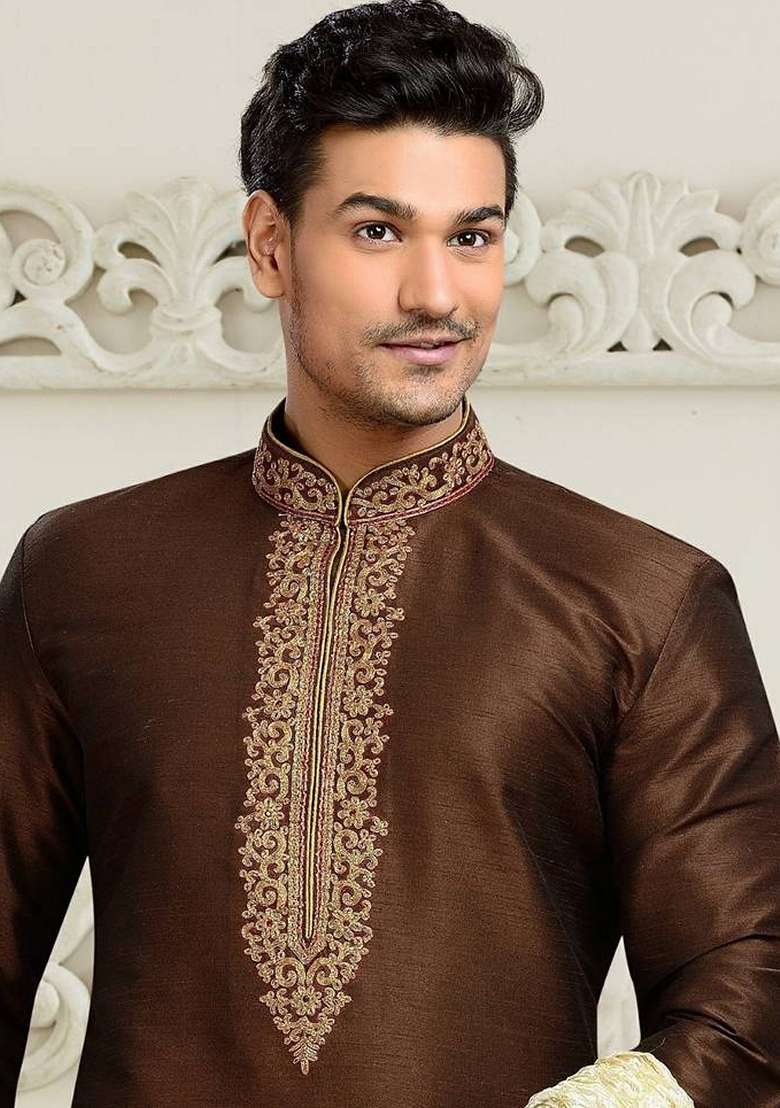 Brown Embroidered Art Silk Blend Kurta Set For Men - Indya
