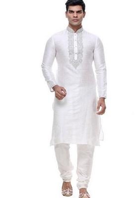Off White Embroidered Art Silk Kurta Set For Men