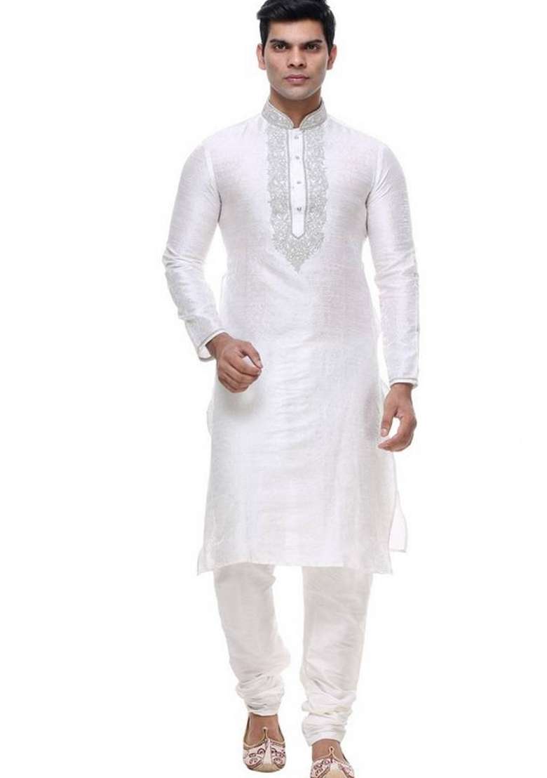 Off White Embroidered Art Silk Blend Kurta Set For Men - Indya